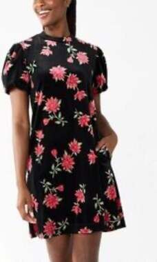 Draper James RSVP Black Velvet Floral Short Sleeve Shift Dress Size M